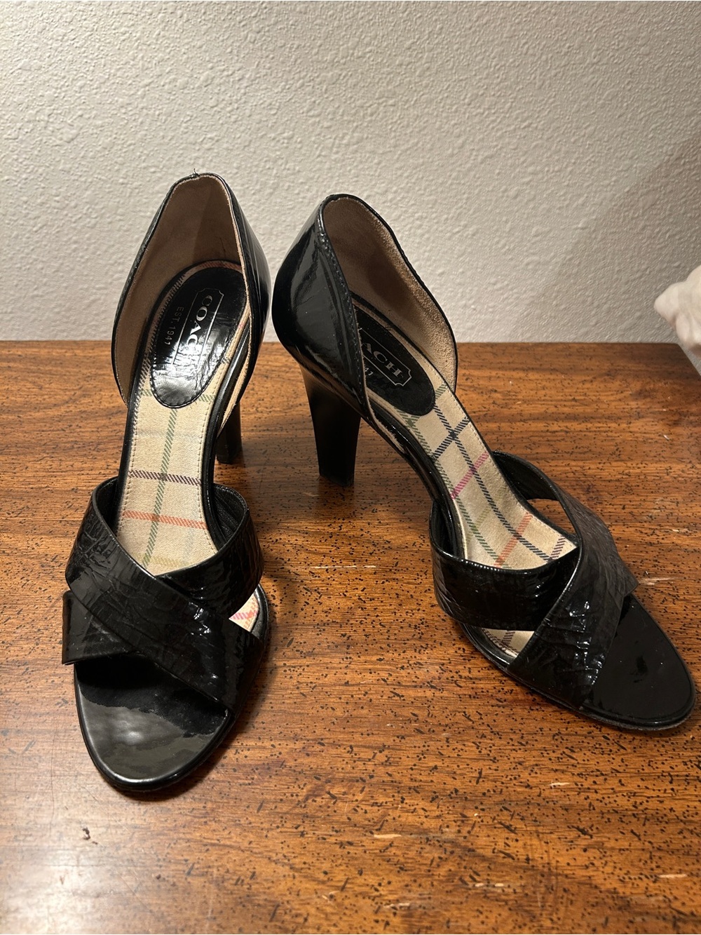 COACH Bardot Black Patent Leather Open-Toe D'Orsay Heels